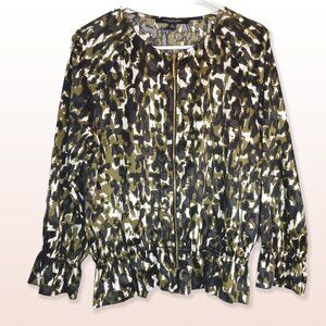 Marc New York Gold Zipper Multicolor Print Blouse Ruffle Sleeves Size M